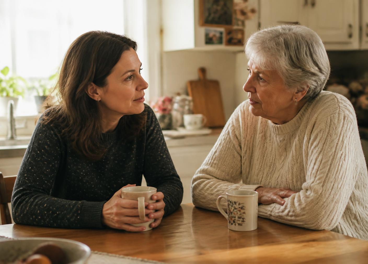 An adult daughter and her mother talking together at a kitchen table