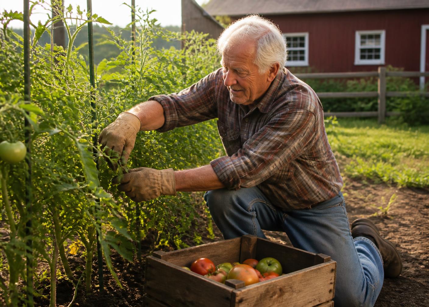 An older man tending plants in a sunny backyard garden