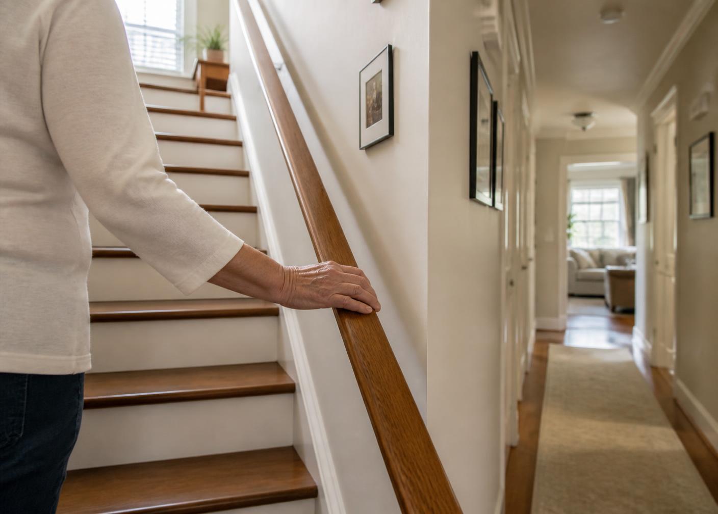 A sunlit residential staircase with a sturdy handrail inside a family home